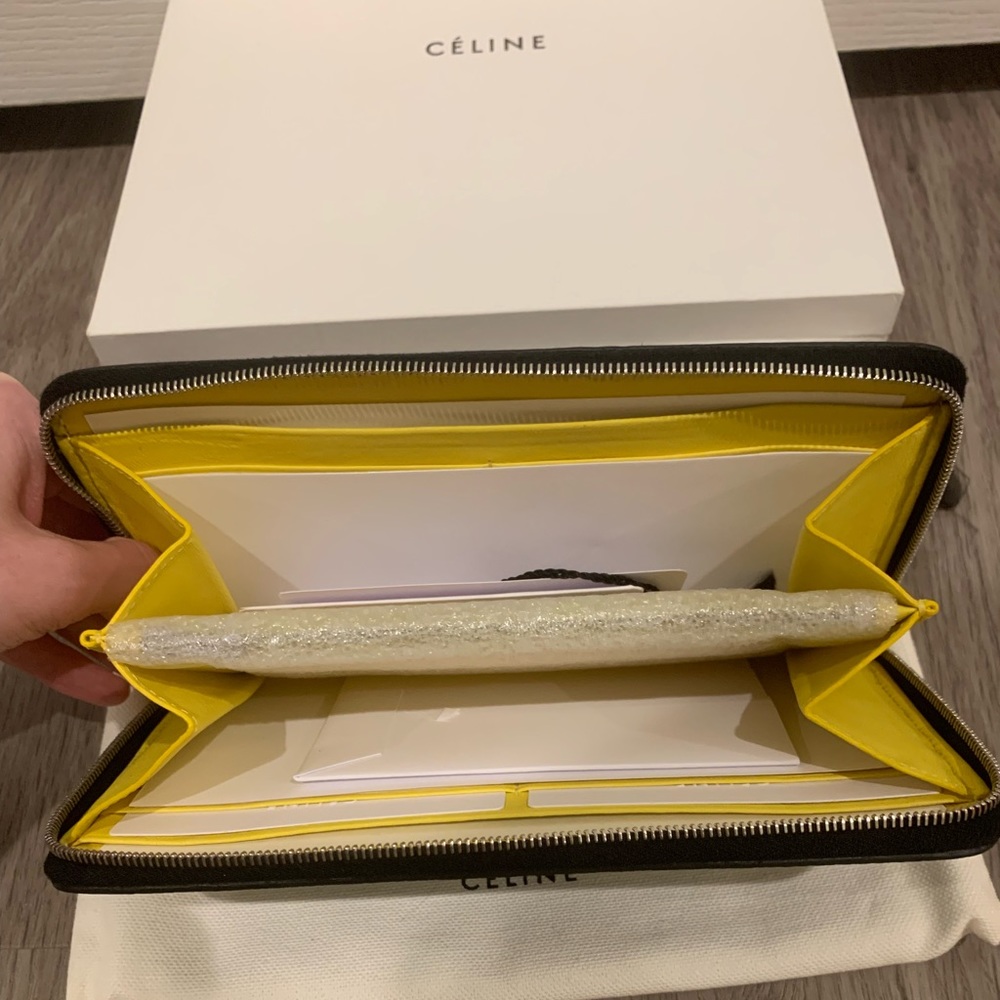 Celine | Large Zipped Multifunction Wallet In Calfskin | Black and Citron - Picture 7 of 16